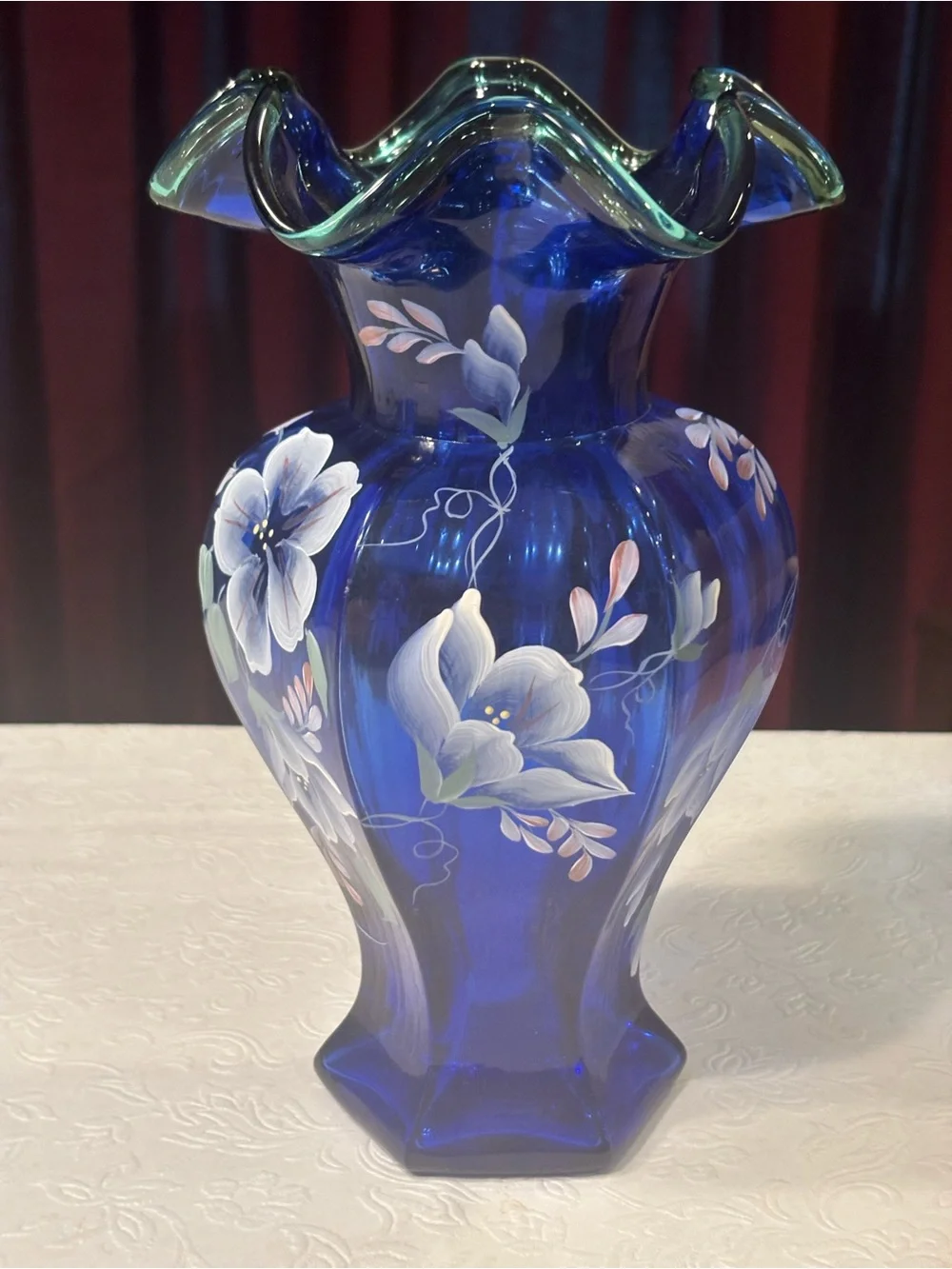 Fenton Cobalt Blue Hand-Painted Floral Glass Vase